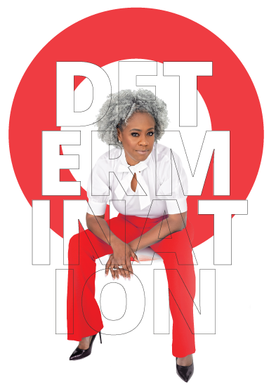 A woman sitting in front of a graphic that reads, "determination"